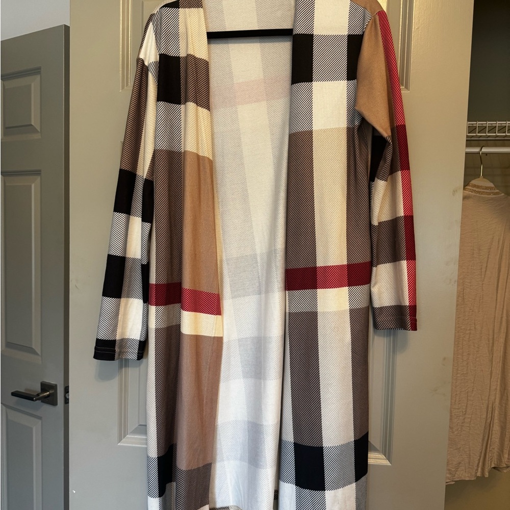 Women's Plaid Knit Cardigan Duster in Black, White, Brown, and Red